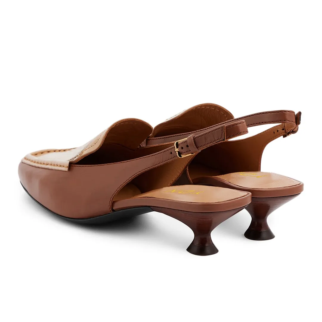 Brown and Tan Vegan Leather Square Toe Slingback Loafer Heels