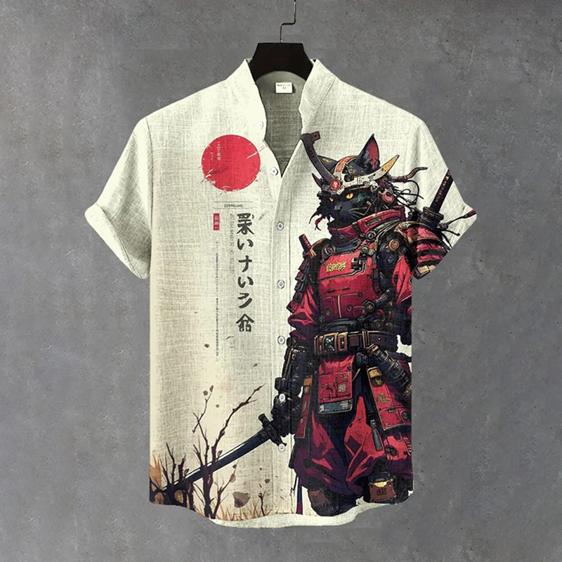 Men's Japanese Black Cat Warrior Art Print Casual Shirt  artssus