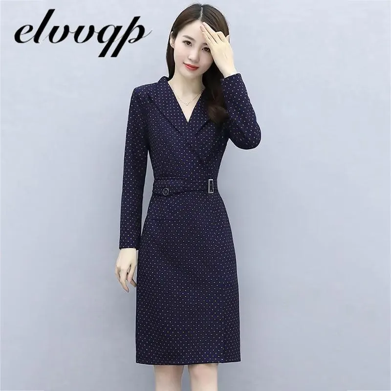 Plus Size 4XL Dress Women Elegant Fashion Office Lady Work Wear Stylish Party Dot Print Belt Midi Notched Bodycon Formal Dress