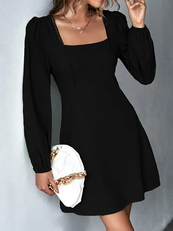 A-Line High Waisted Solid Color Split-Joint Square-Neck Mini Dresses
