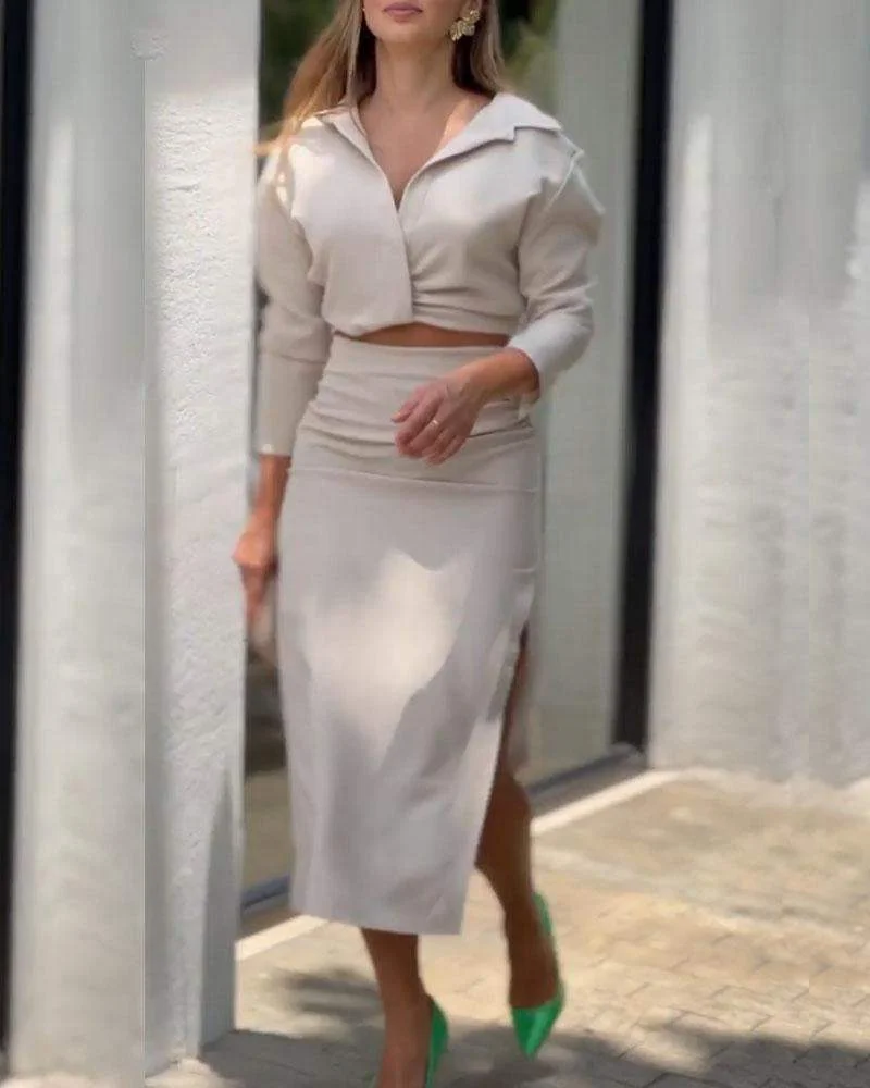 Solid Color Shirt Top Split Skirt Two Piece Set