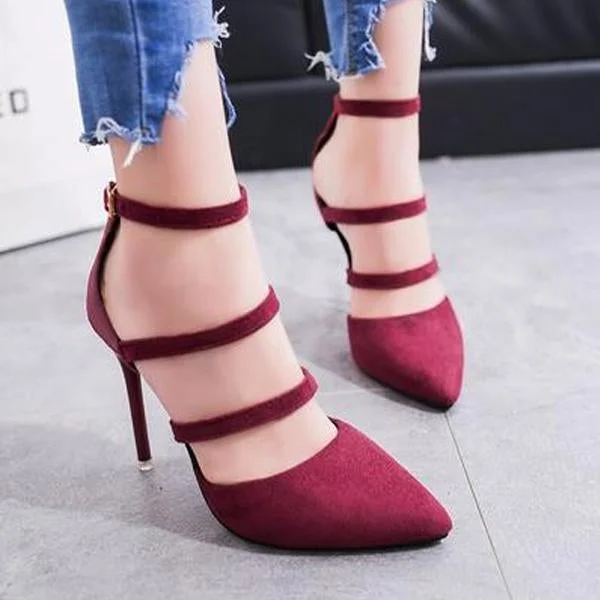 Pointed High-Heeled Sandal Shoes with Shallow Mouth Buckle Suede Straps Shoes