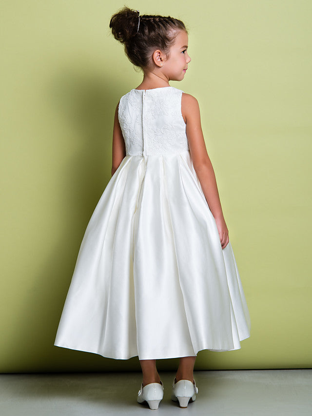 A-Line Jewel Neck Flower Girl Dress with Tier and Sleeveless Satin Tulle Knee Length