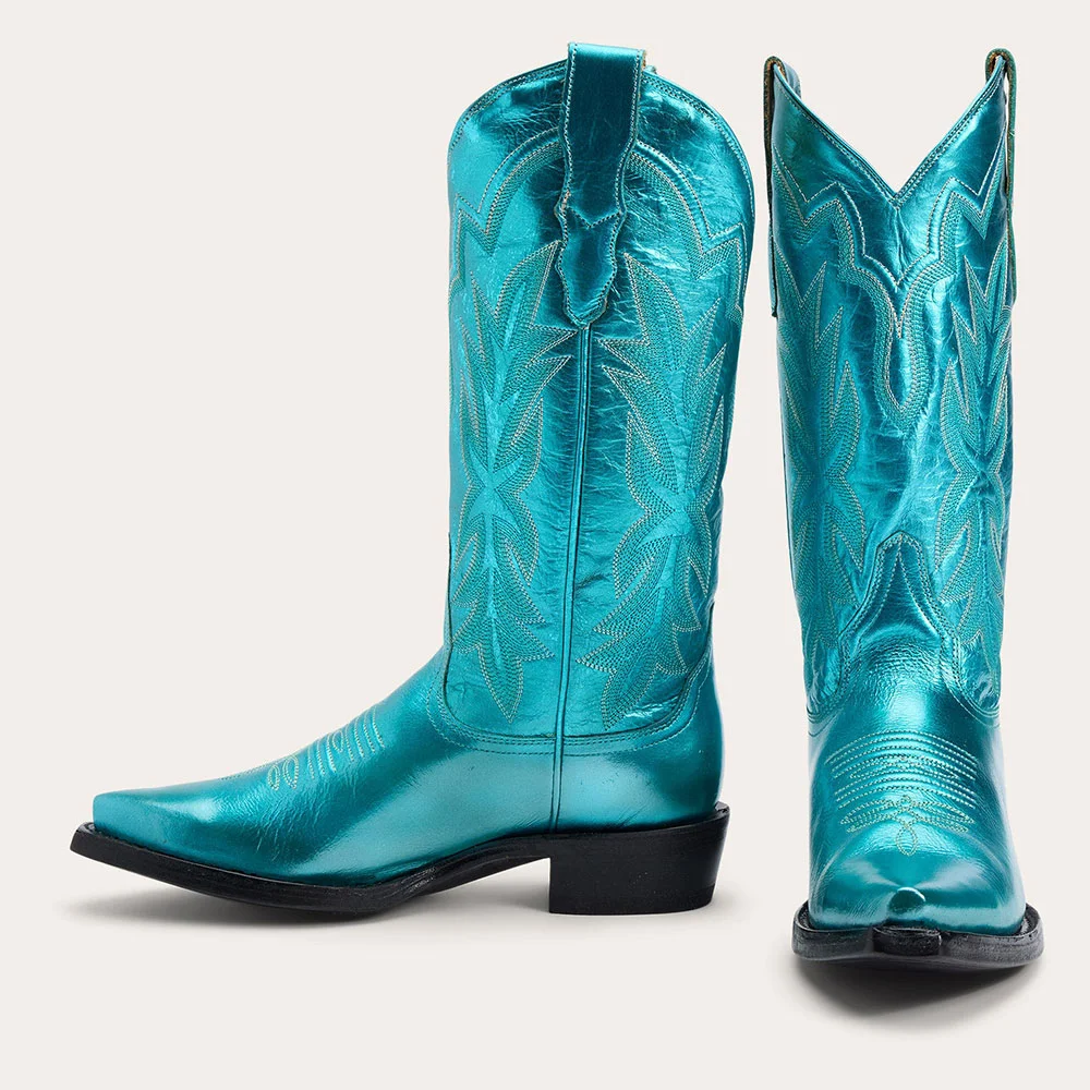 Teal Metallic Finish Chunky Heel Cowgirl Boots with Embroidery