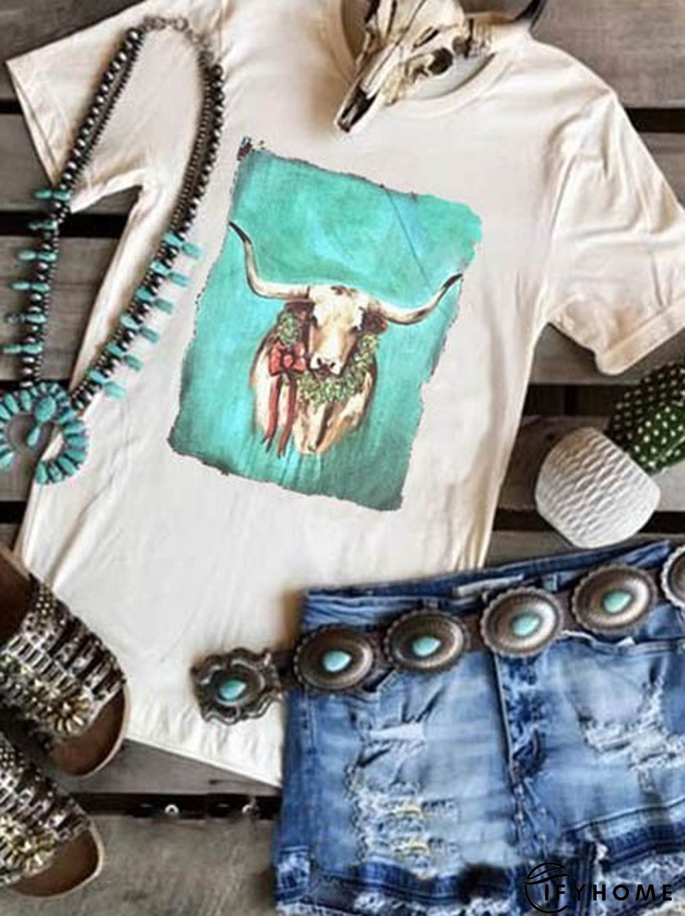 Cotton Loose Crew Neck Abstract T-Shirts | IFYHOME