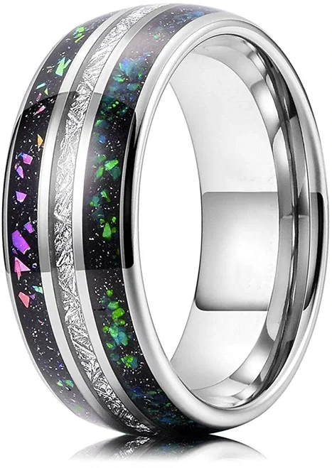 Women's Or Men's Tungsten Carbide Wedding Band Matching Rings,Silver Tone Meteorite Ring with Multi Color Rainbow Opal Inlay Organic Colors Rings With Mens And Womens For Width 4MM 6MM 8MM 10MM