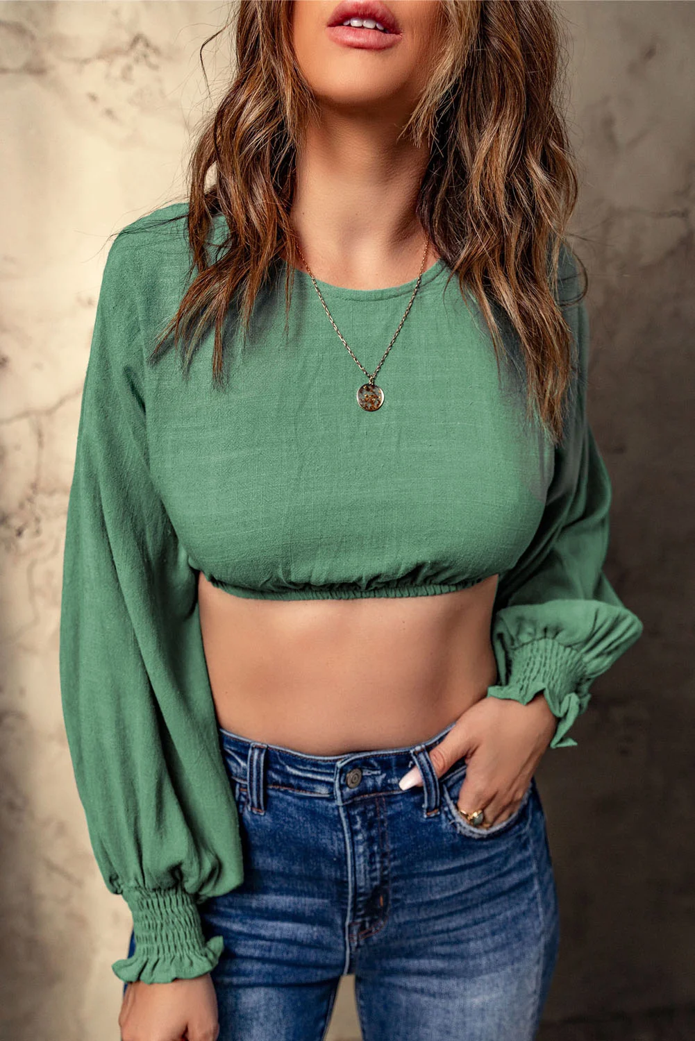 Green Bubble Sleeves Crop Top | IFYHOME