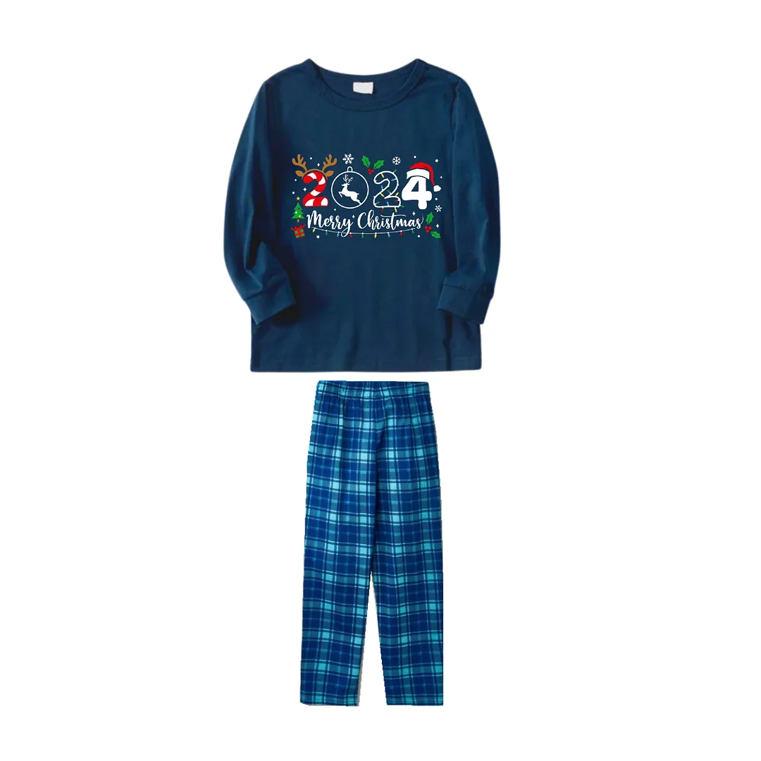 "Merry Christmas 2024" Text Prints Blue Long Sleeve Top With Blue Plaid Family Matching Pajamas