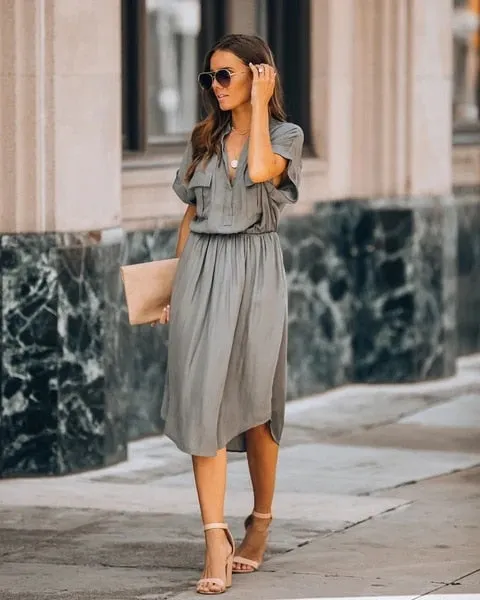 Simple Solid Color Women Dresses Elegant Office Shirt Dress Short Sleeve Casual Dresses Vestidos 2020 Summer Elastic Waist Dress