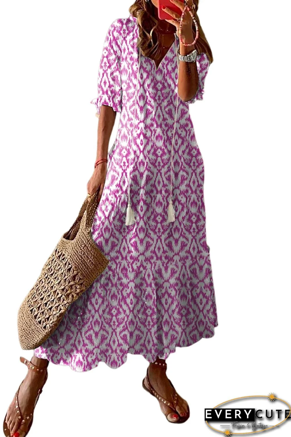 Pink V Neck Casual Geometric Print Maxi Dress