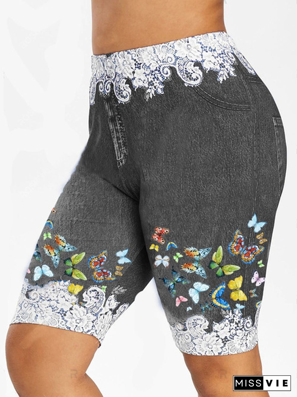 5 Colors Hot NEW Women's Fashion Plus Size Denim Leggings Summer Butterfly Printed Fitted Leggings Short Pants Plus Size S-5XL