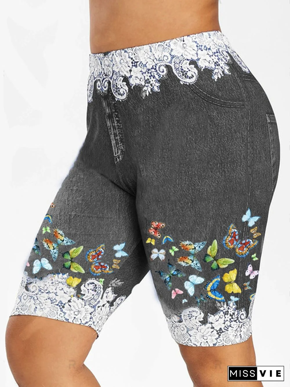 5 Colors Hot NEW Women's Fashion Plus Size Denim Leggings Summer Butterfly Printed Fitted Leggings Short Pants Plus Size S-5XL