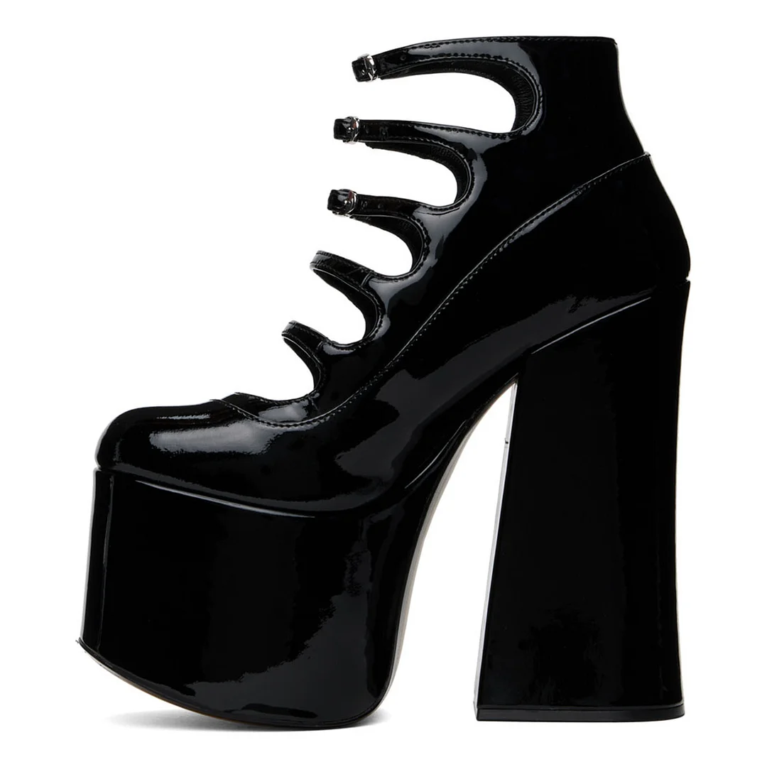 Patent Leather Buckle Strap Round Toe Black Platform Heels