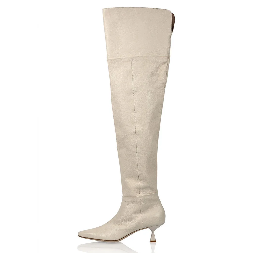 Women's Ivory Pointed Toe Kitten Heel Zipper Thigh High Boots