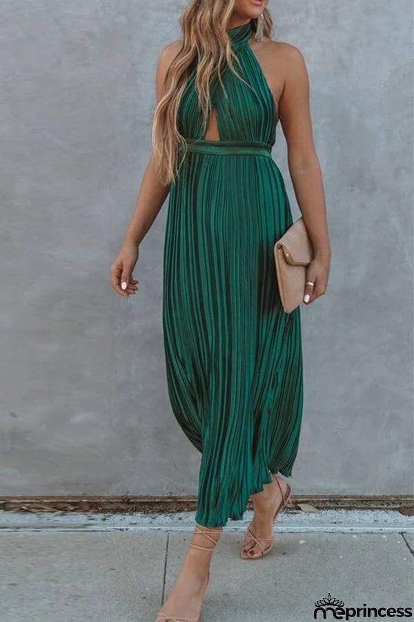 KOLLINS PLEATED HALTER MIDI DRESS - HUNTER GREEN