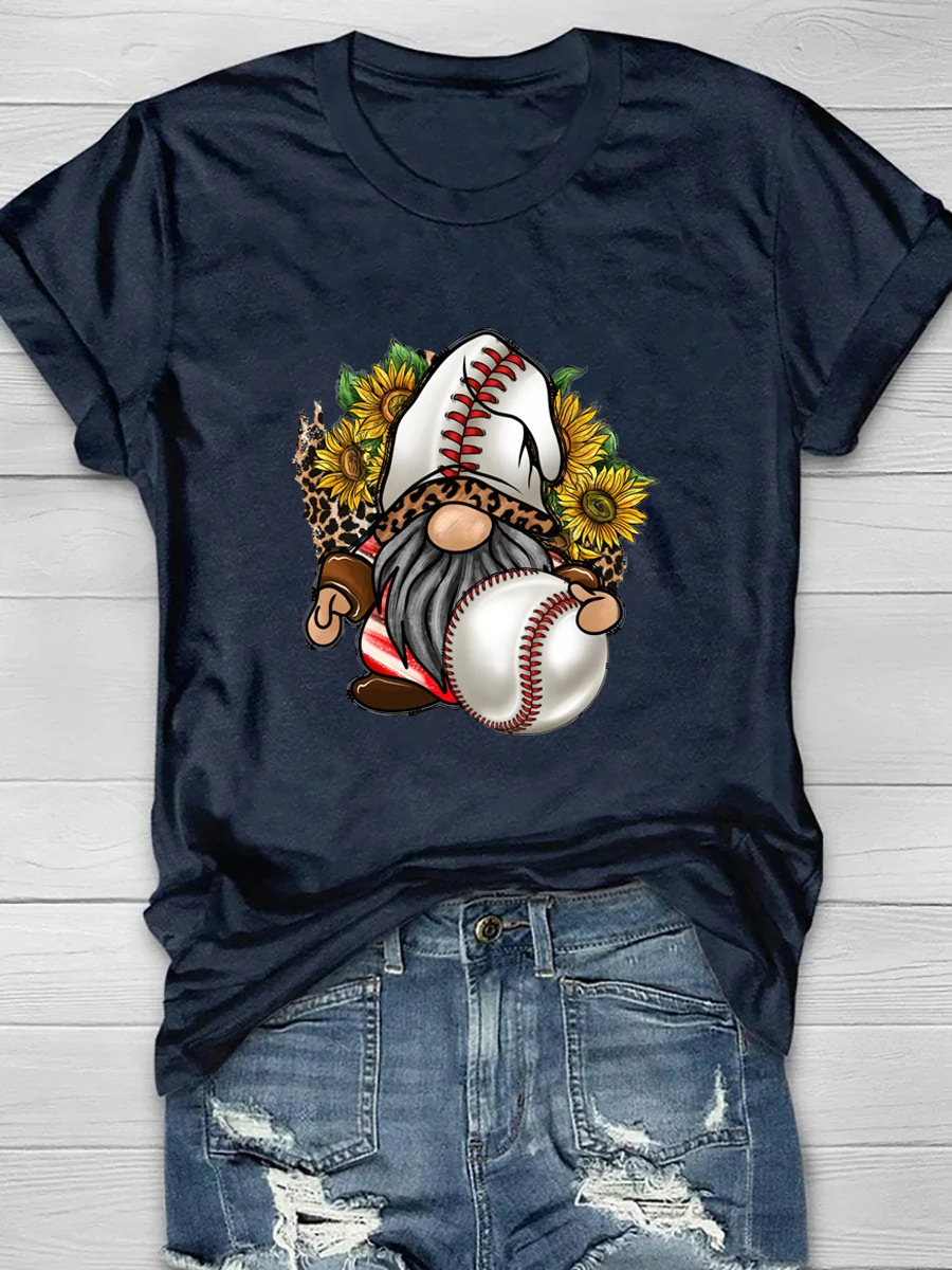 Western Baseball Gnome Print Short Sleeve T-Shirt