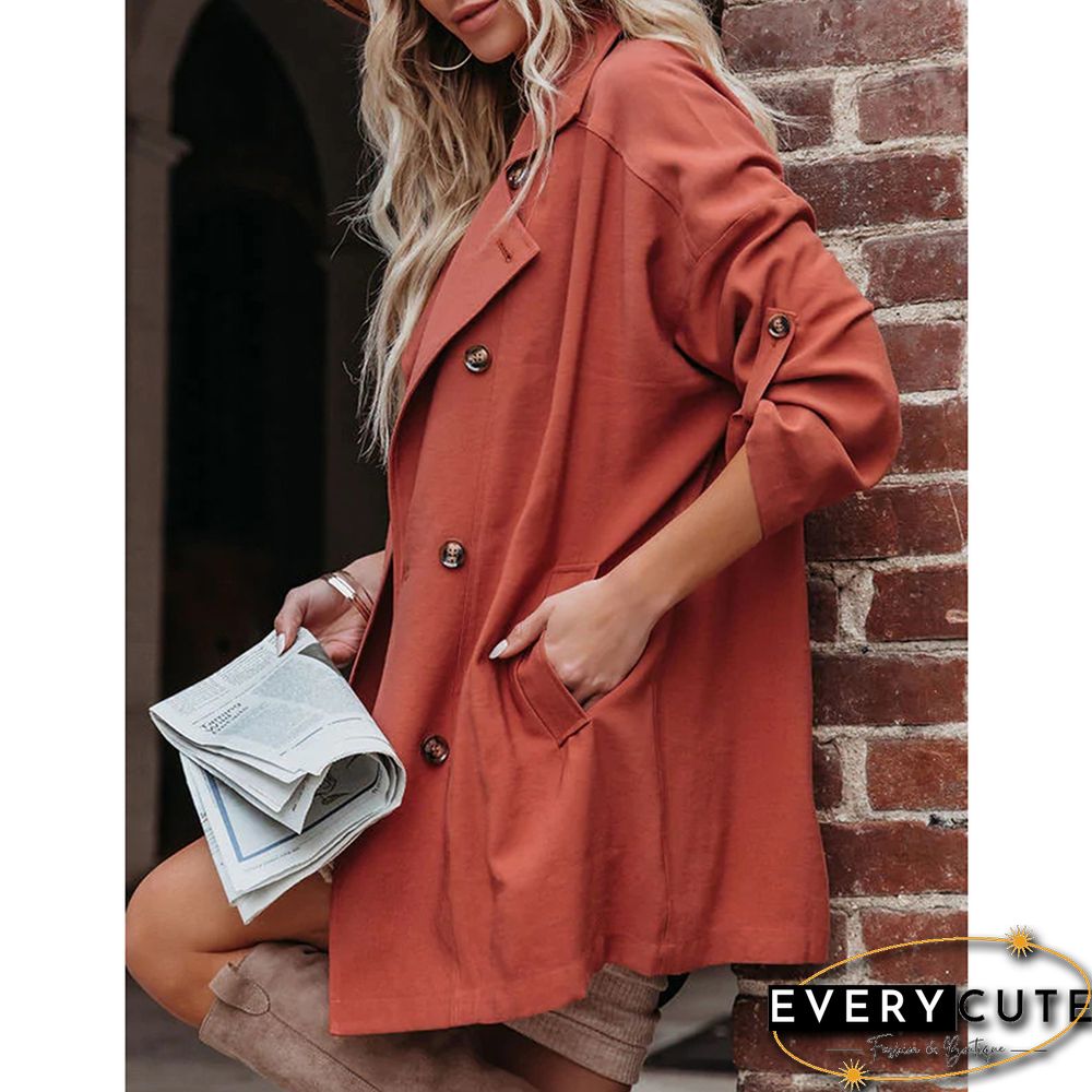 Rust Red Turndown Collar Lightweight Pocket Trench Coat