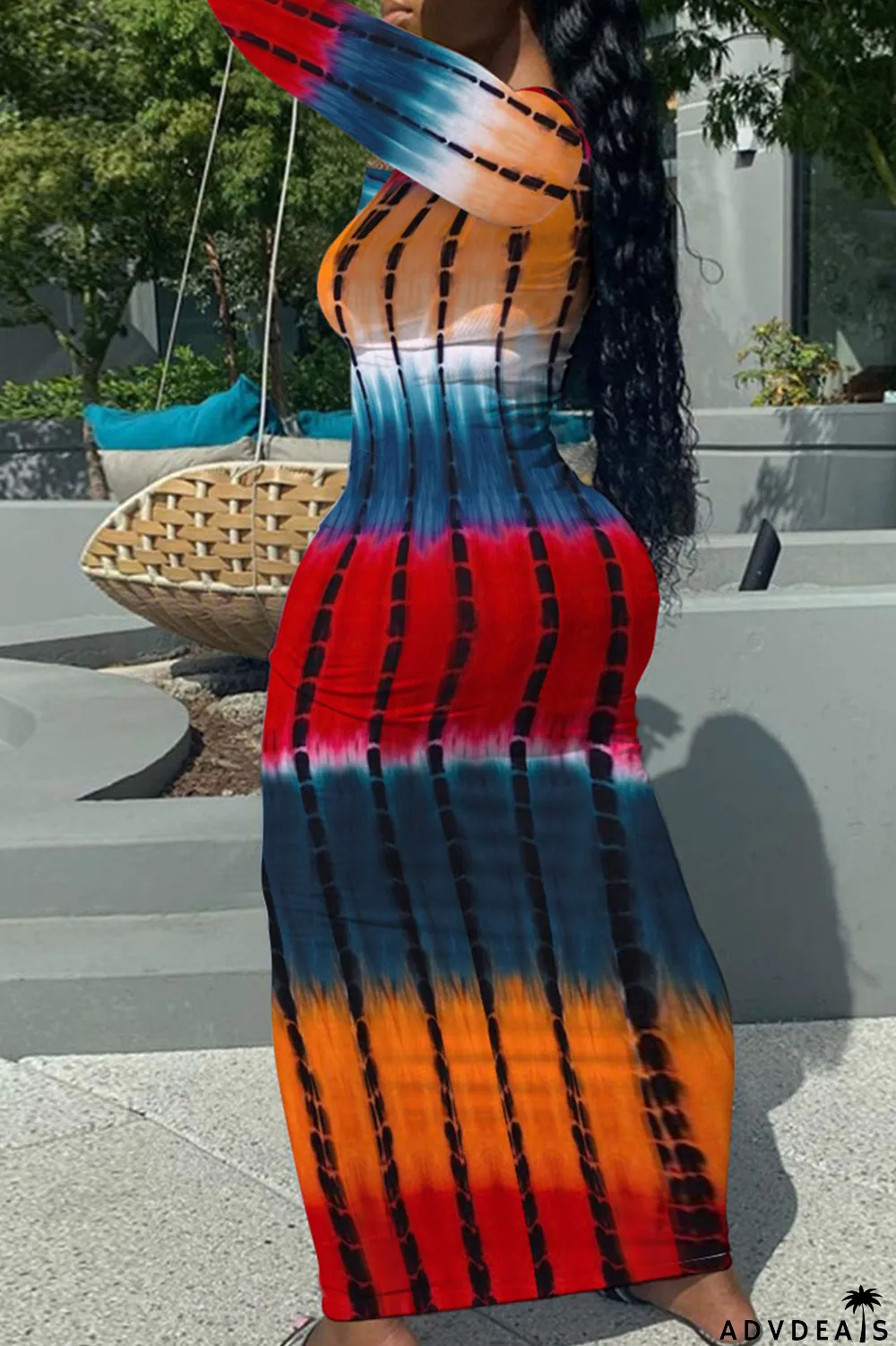 Yellow Casual Print Patchwork U Neck One Step Skirt Dresses