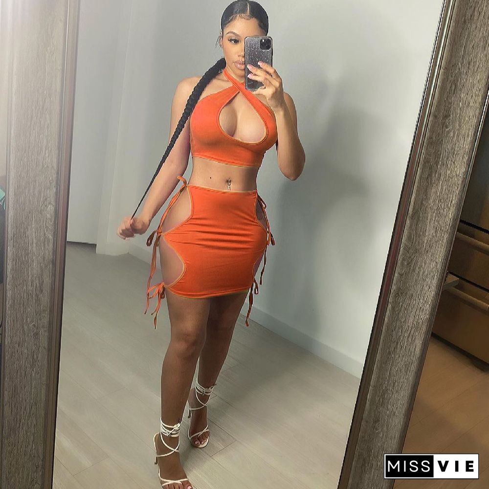 Halter Backless Crop Tops Hollow Out Lace Up Skirt Sets