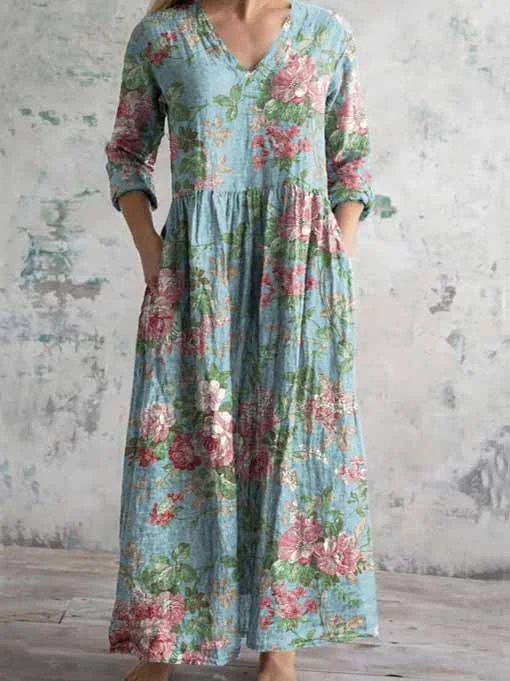 Women's 3/4 Sleeve V-neck Floral Printed Midi Dress