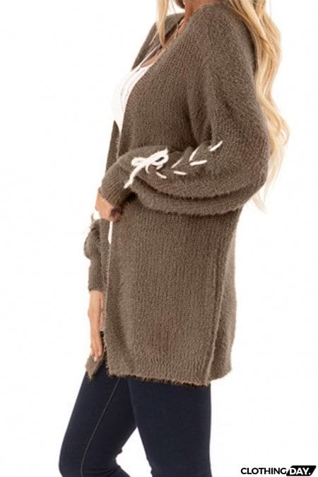 Brown Soft Long Sleeve Cardigan with Stitch Detail