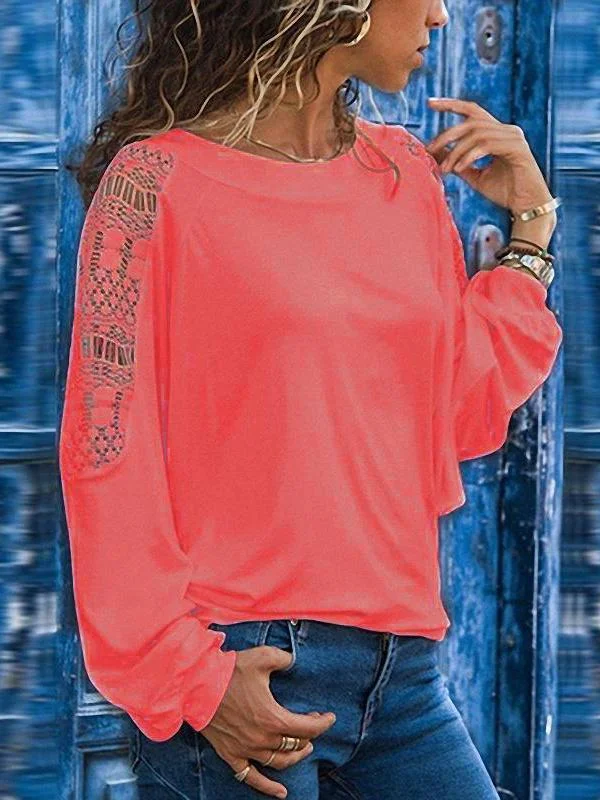 Round Neck Long Sleeve Lace Patchwork T-Shirts