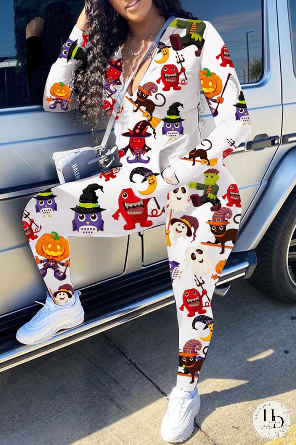 White Fashion Casual Print Basic Zipper Collar Long Sleeve Two Pieces