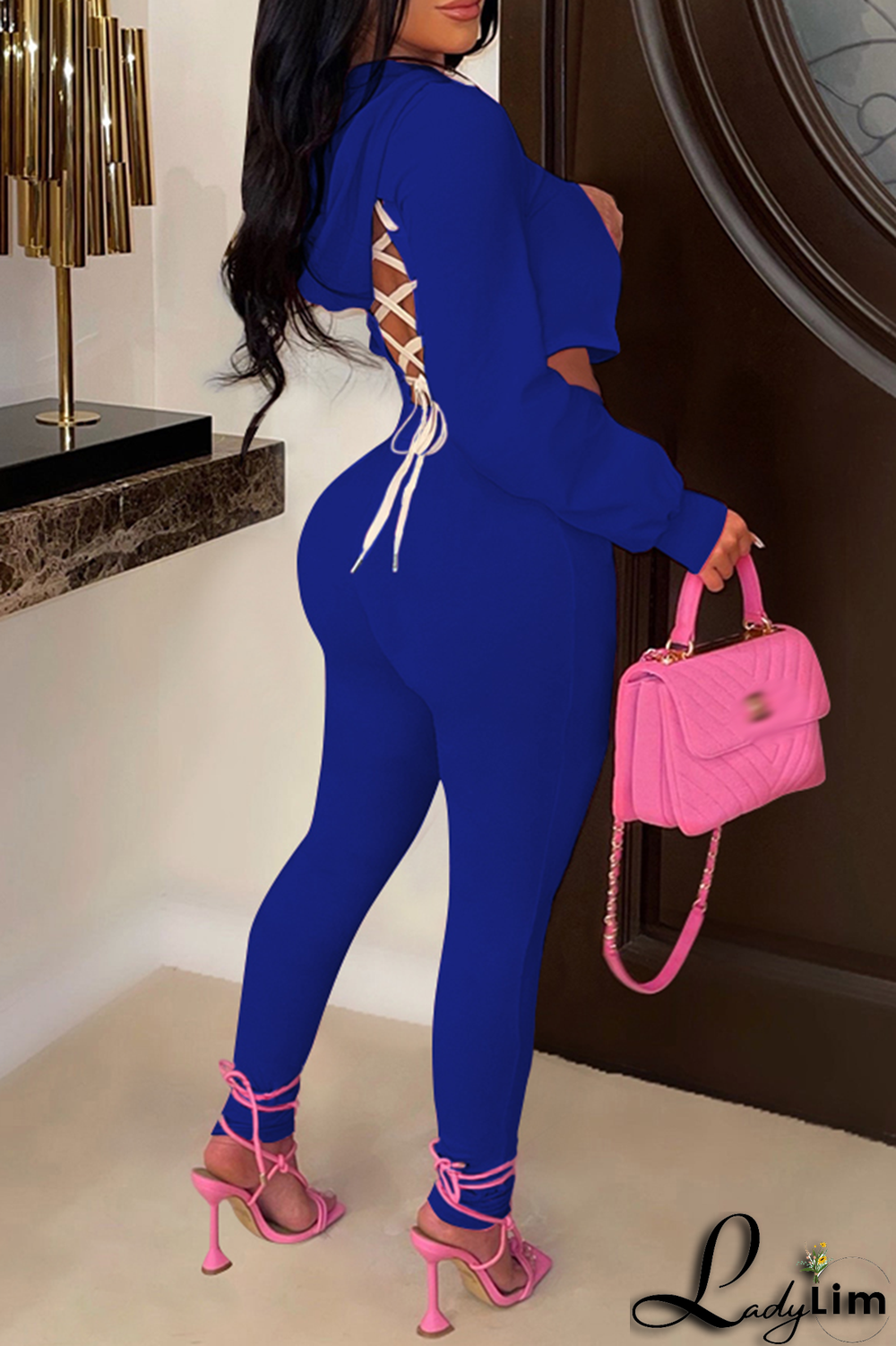 Blue Fashion Solid Patchwork V Neck Long Sleeve Two Pieces