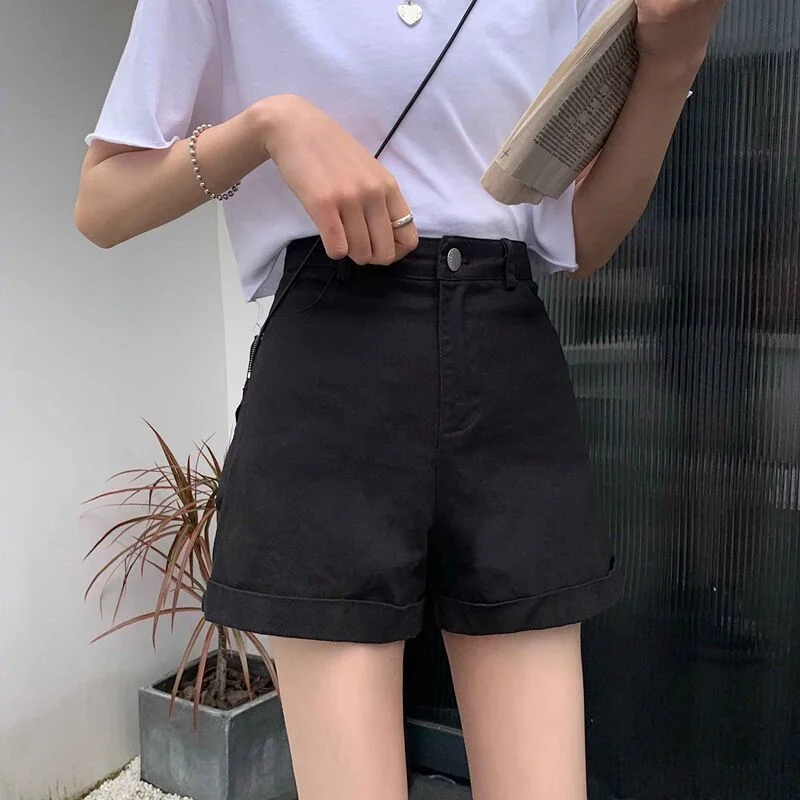 Shorts Women Summer Denim High-waist Solid A-line Wide-leg Students Korean-style Washed Cuffs Trendy All-match Womens Casual New