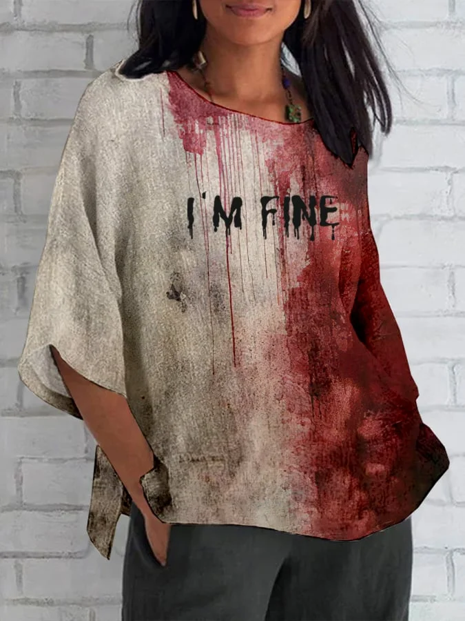 Women's Bloody I'm Fine Halloween Print Cotton And Linen Shirt