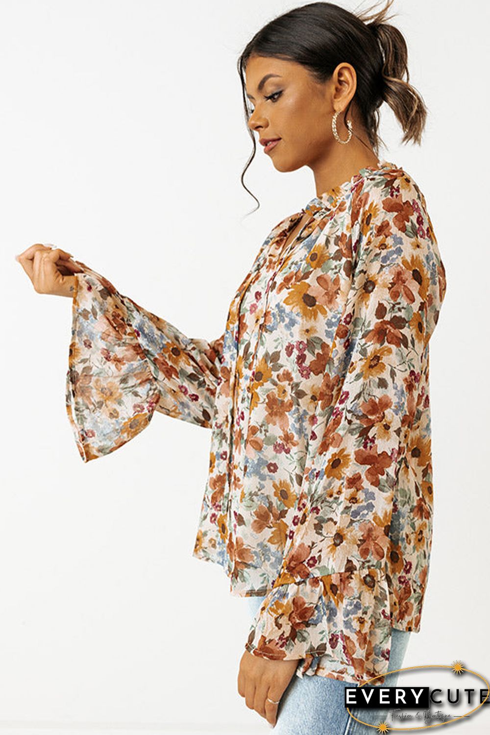 Orange Floral Print Flare Cuff Long Sleeve Blouse