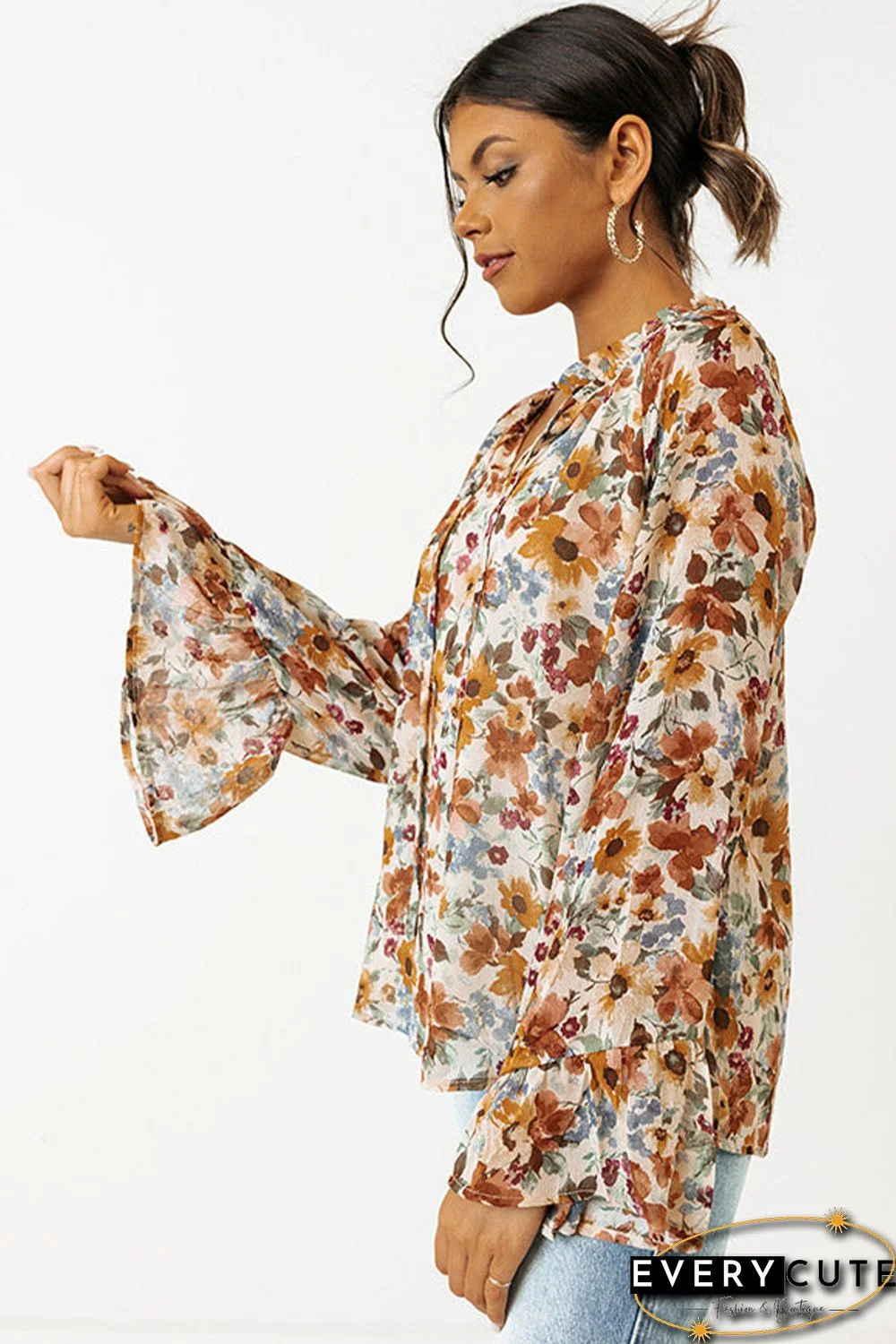 Orange Floral Print Flare Cuff Long Sleeve Blouse