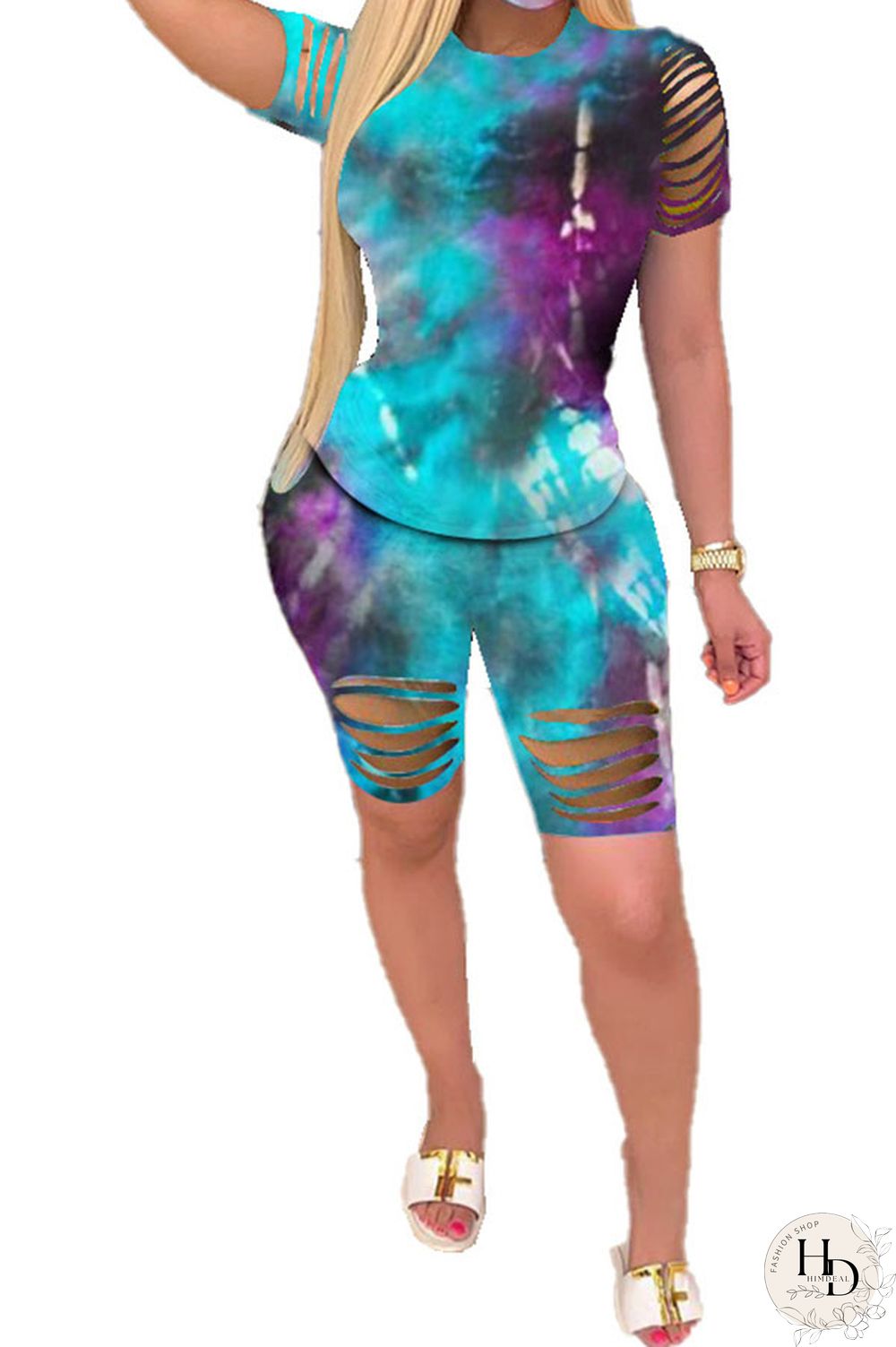 purple Polyester Fashion Casual O Neck Tie Dye Plus Size