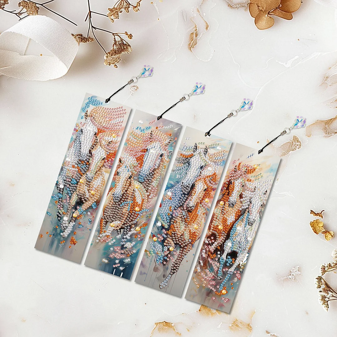 4Pcs Galloping Horse DIY Diamond Bookmark Art Projects Irregular Shaped Diamonds Diamond Painting Art Bookmarks with Crystal Pendants for DIY Making Beginners Adult Art Craft Supplies