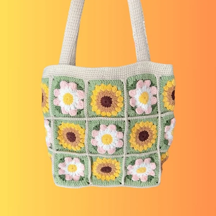 Lulusnow Handmade Green Sunflower Granny Square Crochet Tote Bag Shoulder Bag 