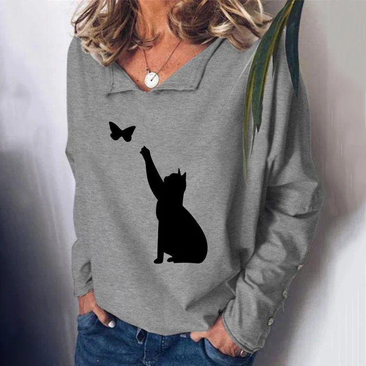 Vefave Casual Cartoon Cat Butterfly Print V Neck Sweatshirt