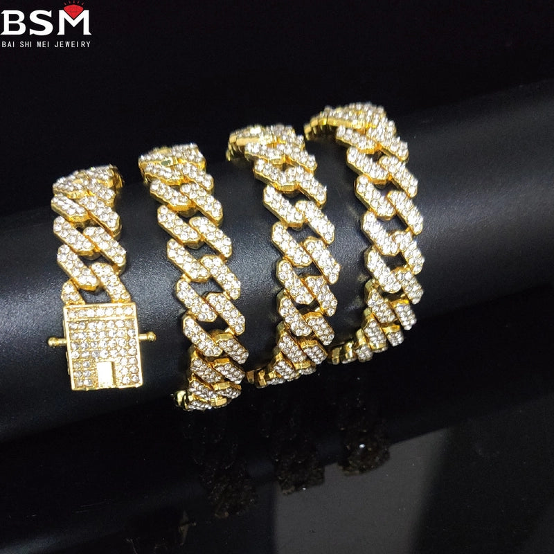 New 12mm Bar-shaped Men’s Cuban Chain Necklace Gold-plated Full Diamond Alloy Hip Hop Style Chain