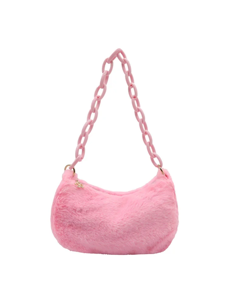 Retro Women Acrylic Chain Plush Underarm Bag Casual Small Handbags (Pink)