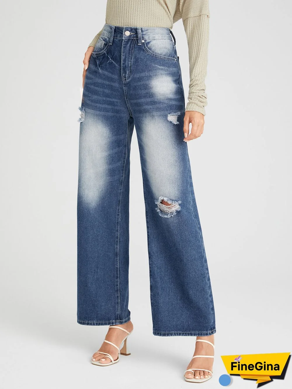Ripped Faded Effect Washed Zipper Fly Wide Leg Jeans