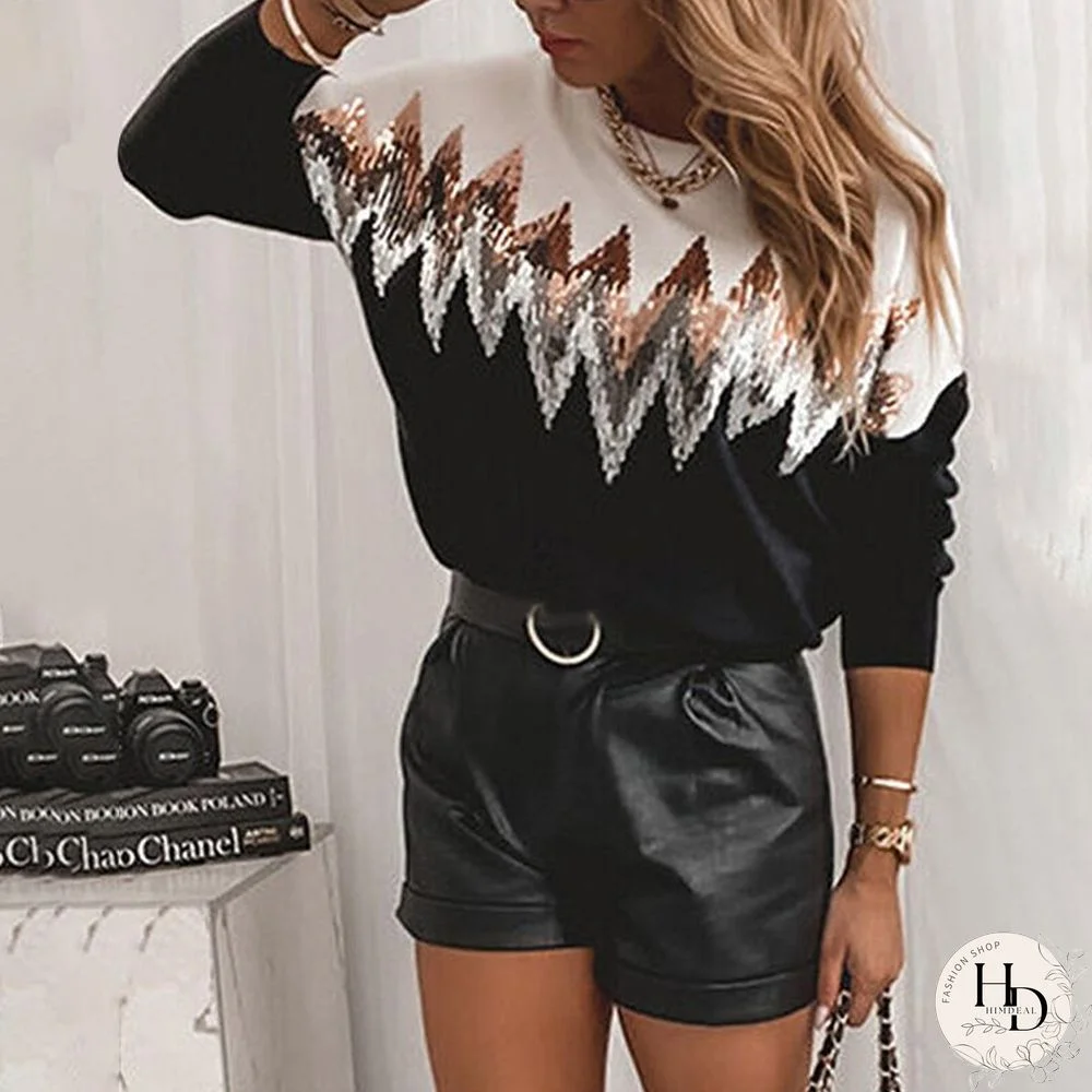 Autumn Fashion Trendy Contrast Sequin Colorblock Drop Shoulder Sweater Women Casual Blouse Long Sleeve Tops New