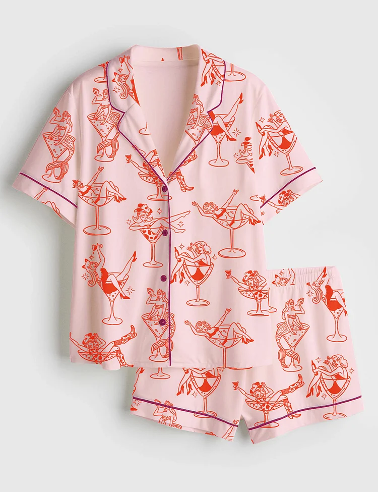 Women&rsquo;s Cowgirl Girl Woman In Martini Glass Mermaid Catgirl In Glass Short Sleeve Satin Pajama Set