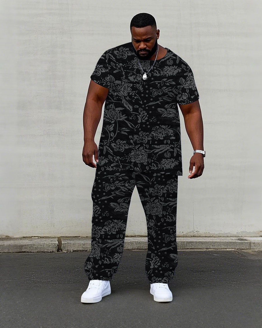 Men's Plus Size High-end Same Color Black Jacquard Flower Craft Fabric Short-sleeved T-shirt Trousers Suit
