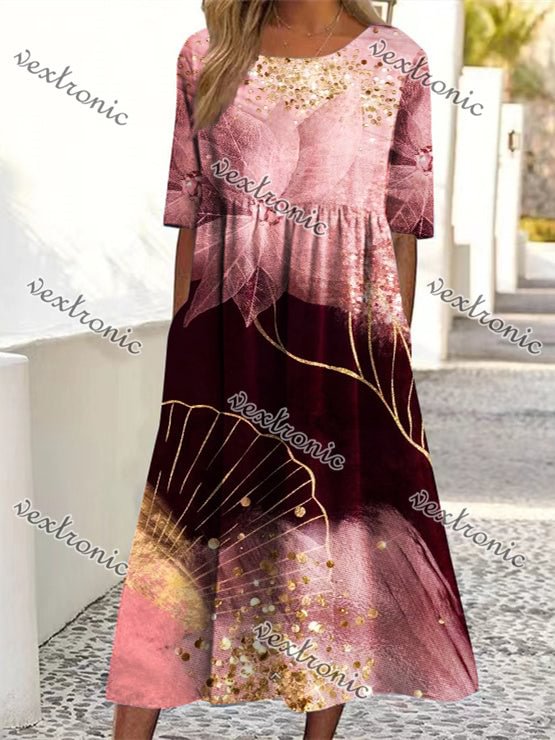Women's Pink Half Sleeve Scoop Neck Graphic Floral Printed Pockets Midi Dress