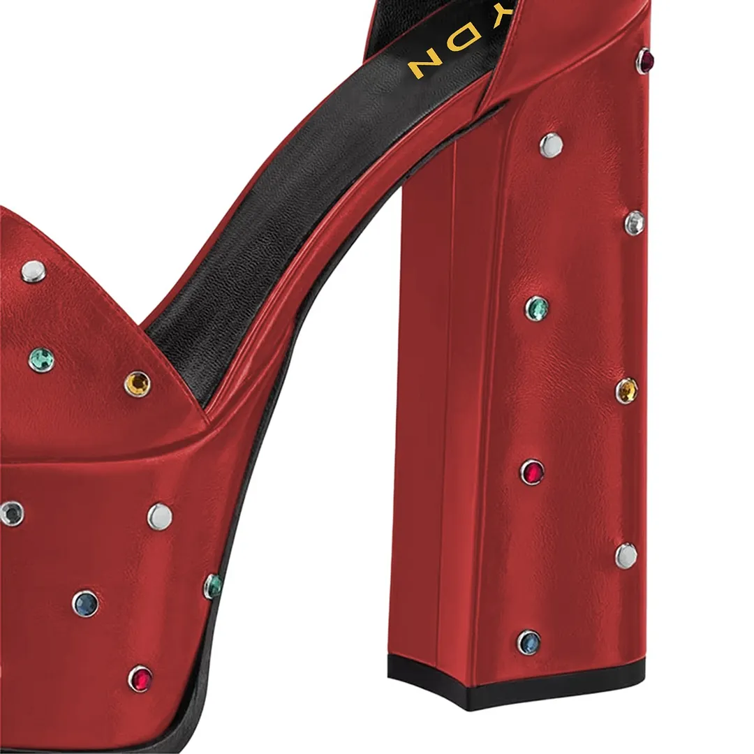 Red Ankle Strap Open Toe Platform High Heels Sandals with Rhinestones