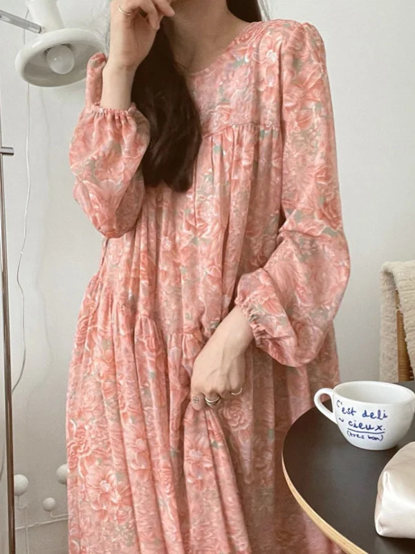 Vintage Floral Printed H-Line Long Sleeves Chiffon Midi Dress