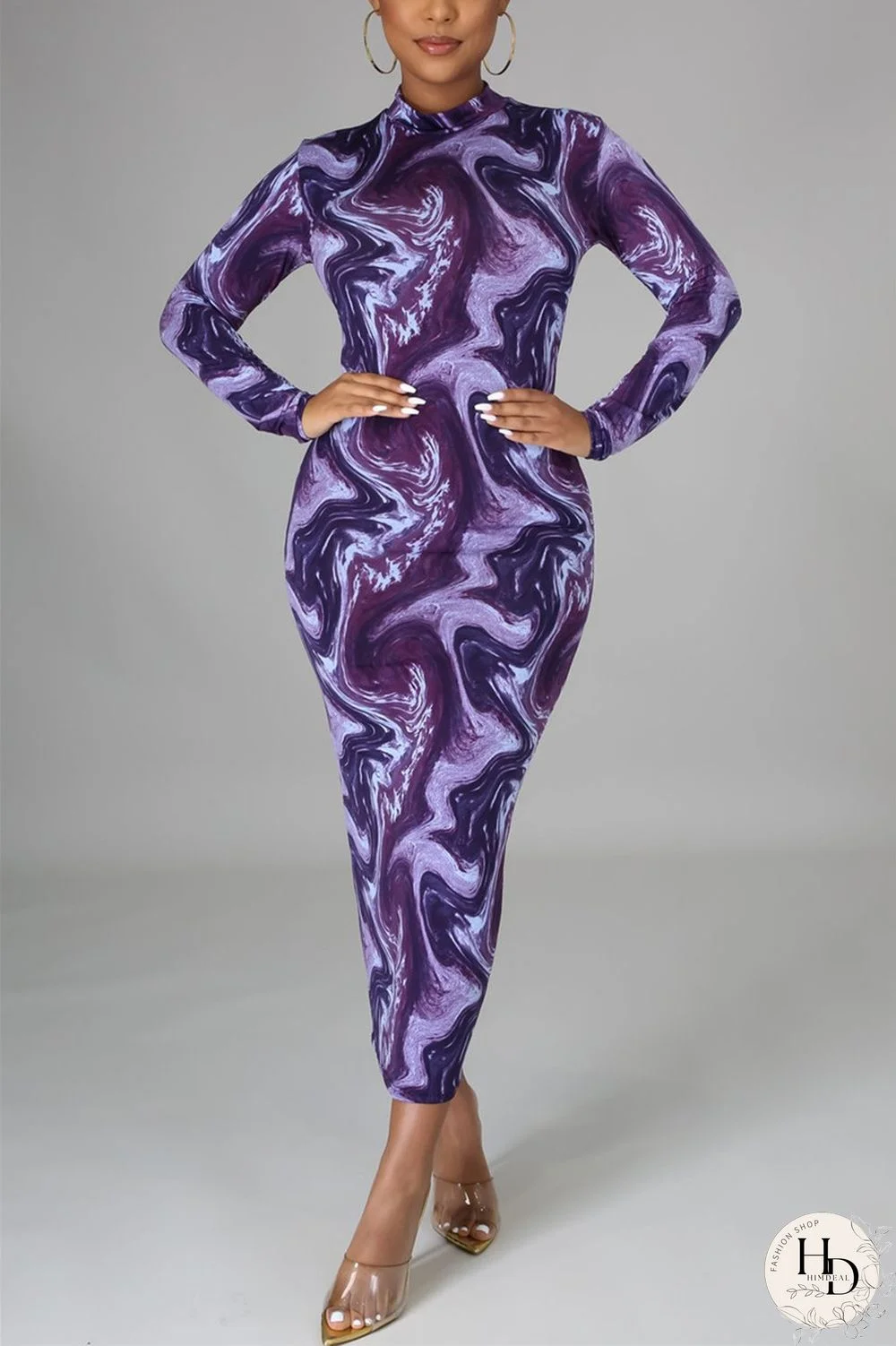 Red Fashion Casual Print Basic Half A Turtleneck Pencil Dresses