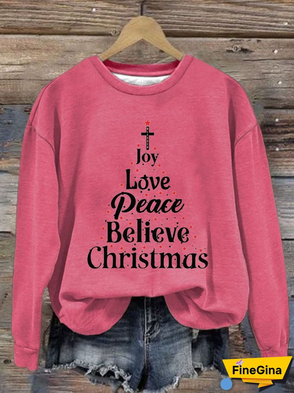 Women'S Joy Love Peace Believe Christmas Crew Neck Sweatshirt