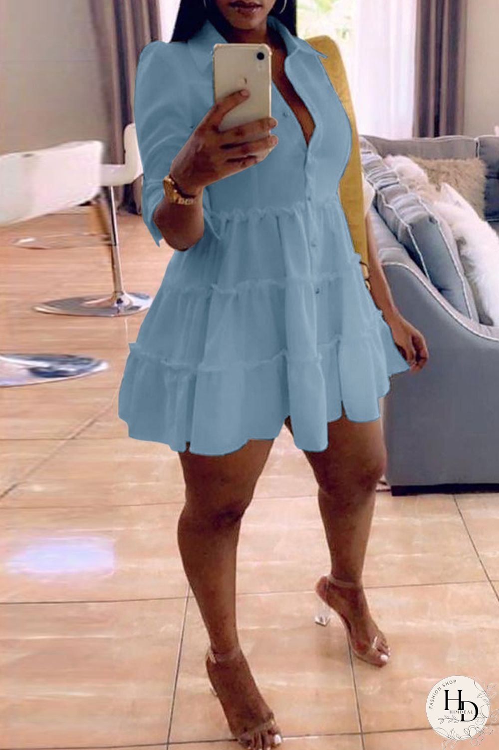 Rose Red Fashion Casual Solid Turndown Collar Shirt Dress