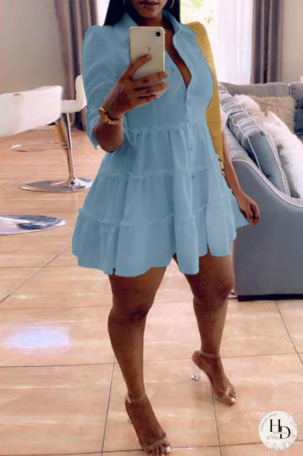 Rose Red Fashion Casual Solid Turndown Collar Shirt Dress