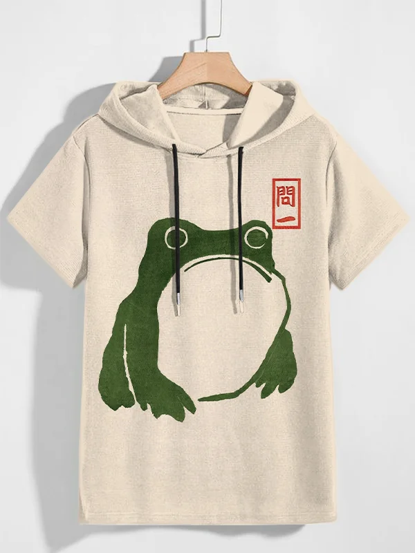Men's Cute Frog Japanese Lino Art Painting Printed Casual Hooded T-Shirt